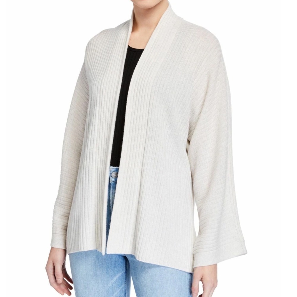 Vince Wool Cashmere Ribbed Open‎ Front Cardigan Off White Heather Large NEW